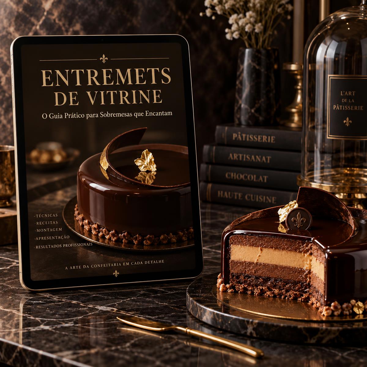 Ebook Entremets de Vitrine exibido em tablet ao lado de um entremet cortado ao meio